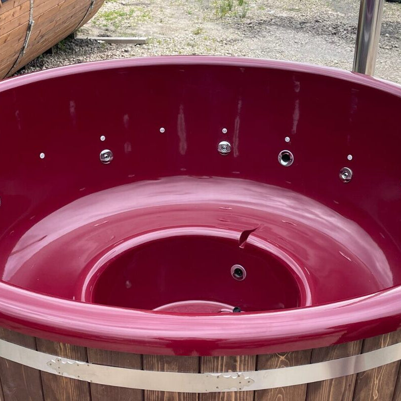 WHIRLPOOL AUS GLASFASER MIT AUSSENOFEN mit Leiter und Schränken für Brennholz und Trittstufe