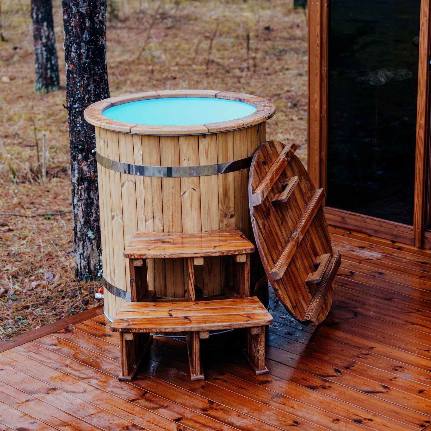Handcrafted Thermowood round tub for cold plunge and recovery