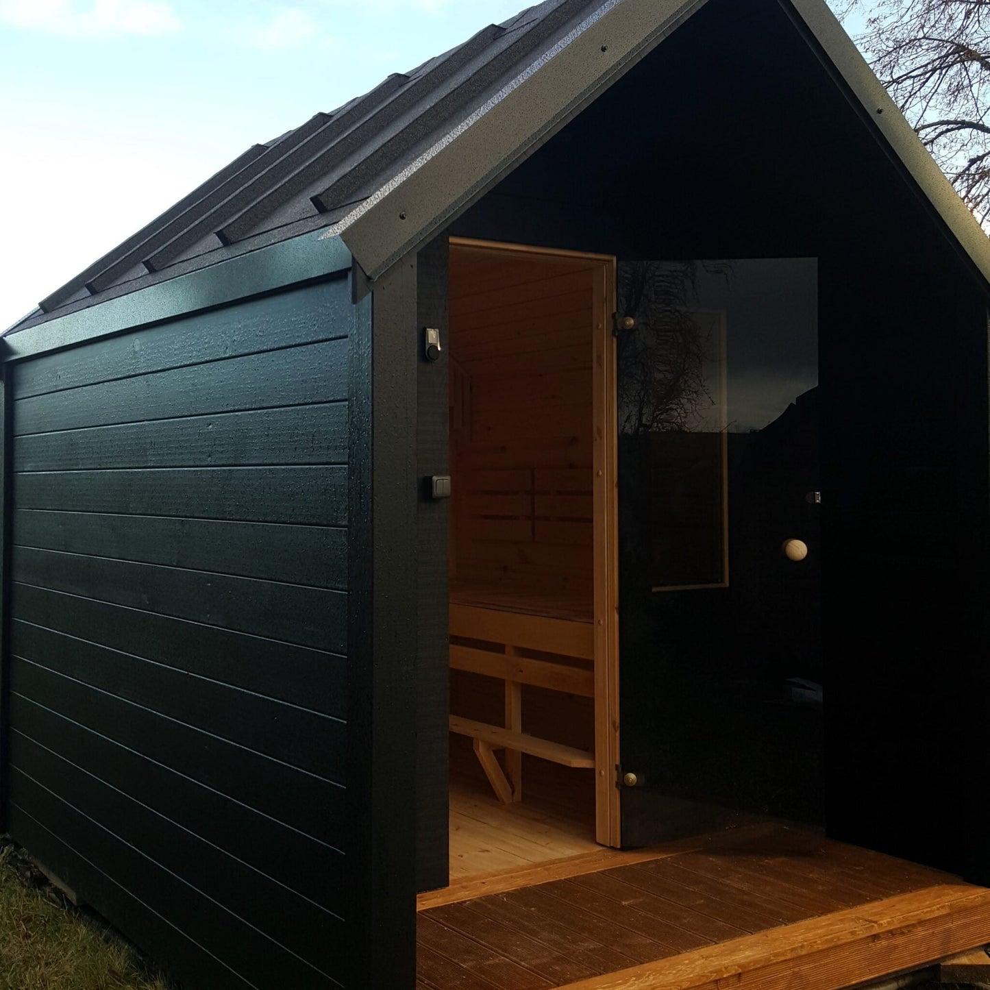 Traditional wooden sauna with gable roof for up to 6 people