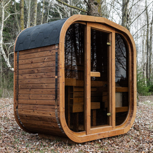 Wooden cabin in the woods with a black roof