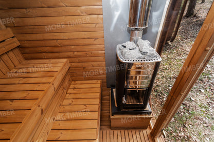 Stylish wellness retreat with traditional sauna setup