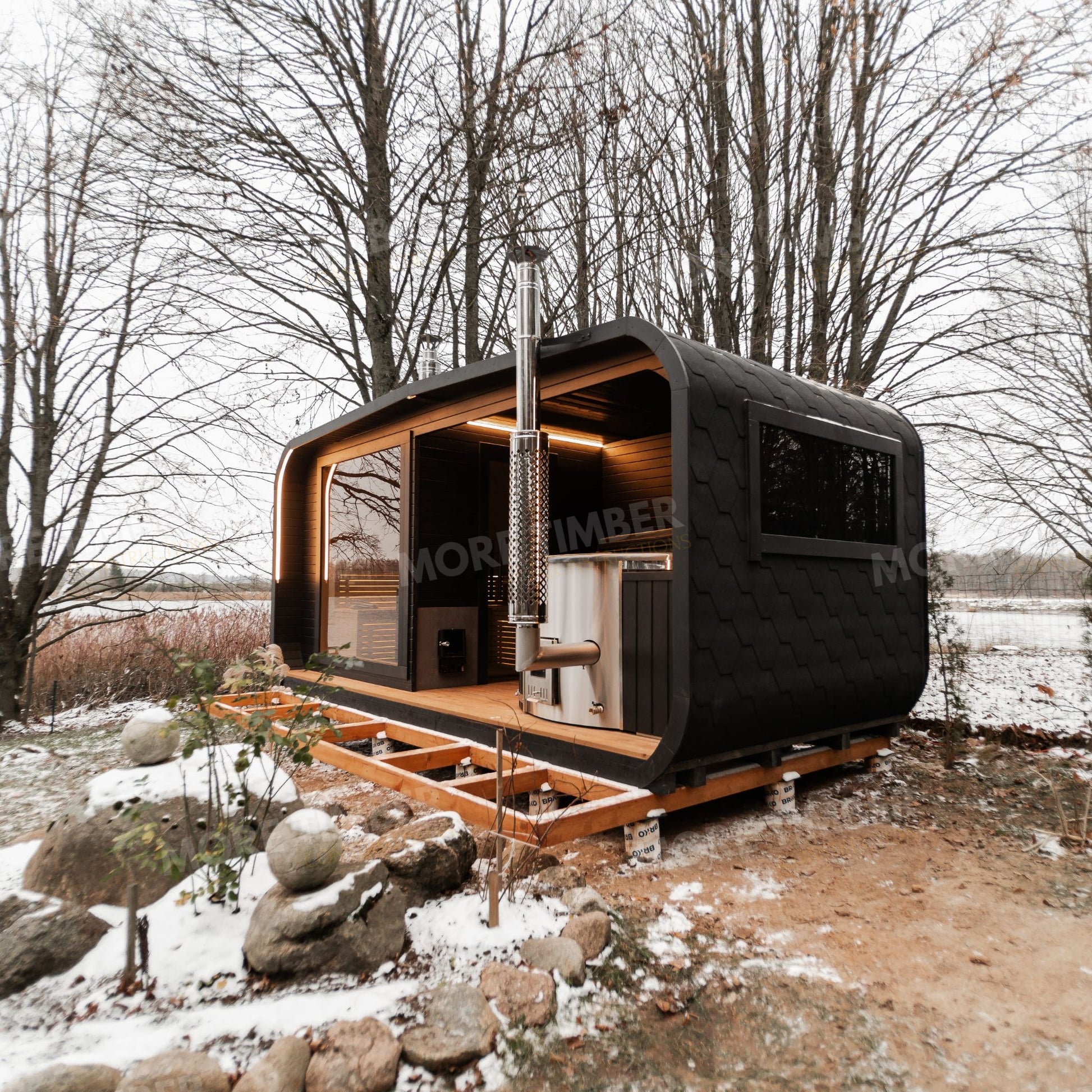 Minimalist sauna and hot tub with soft ambient lighting