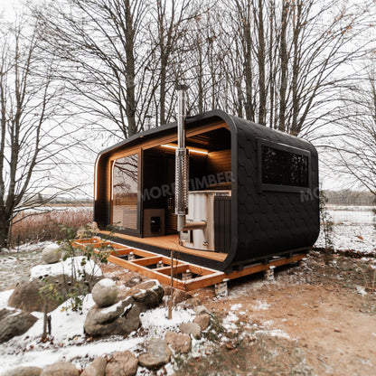 Minimalist sauna and hot tub with soft ambient lighting