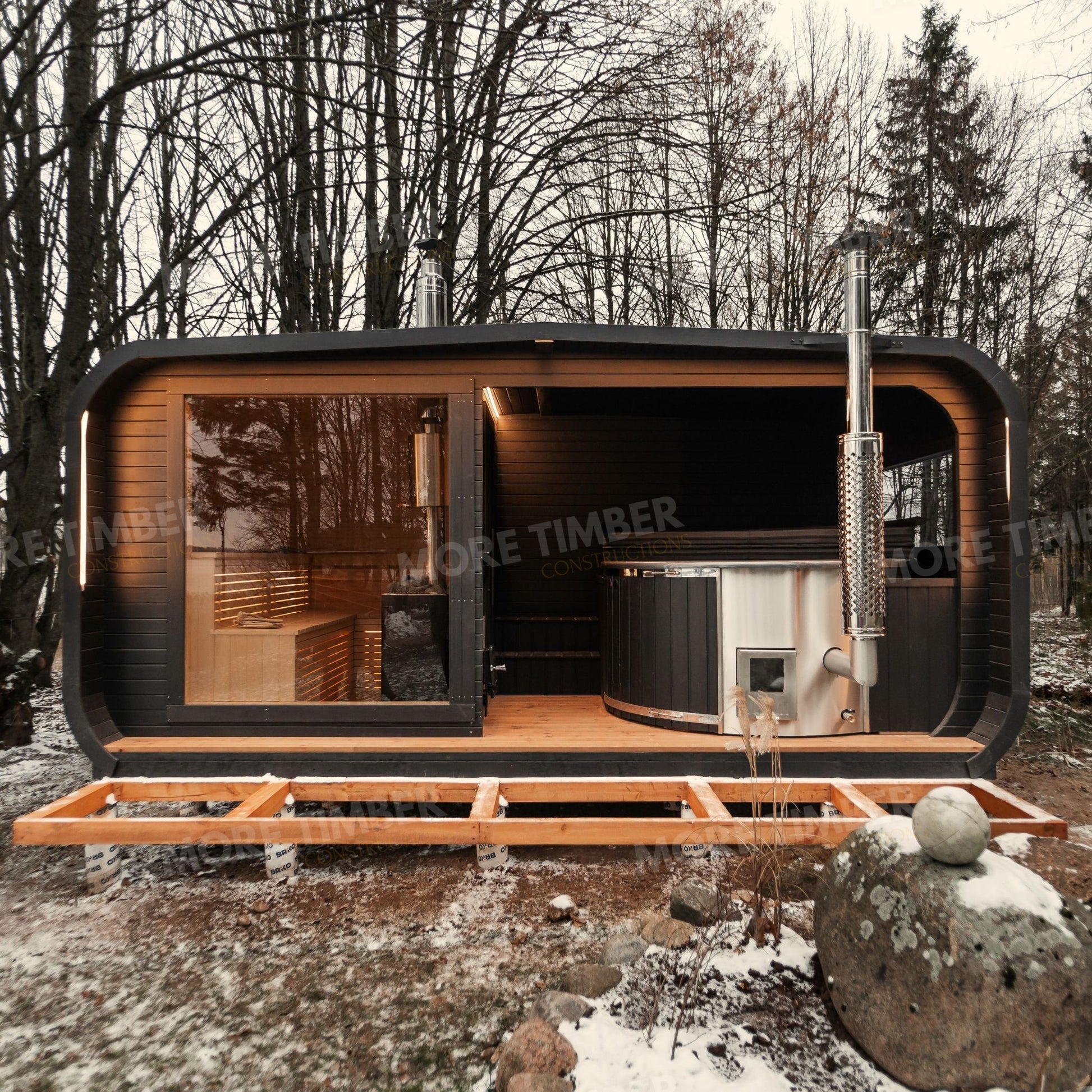 Modern Scandinavian spa design with sauna and hot tub