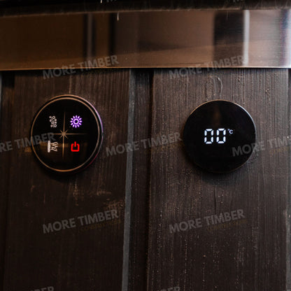 Sauna and hot tub glowing warmly on a cold evening