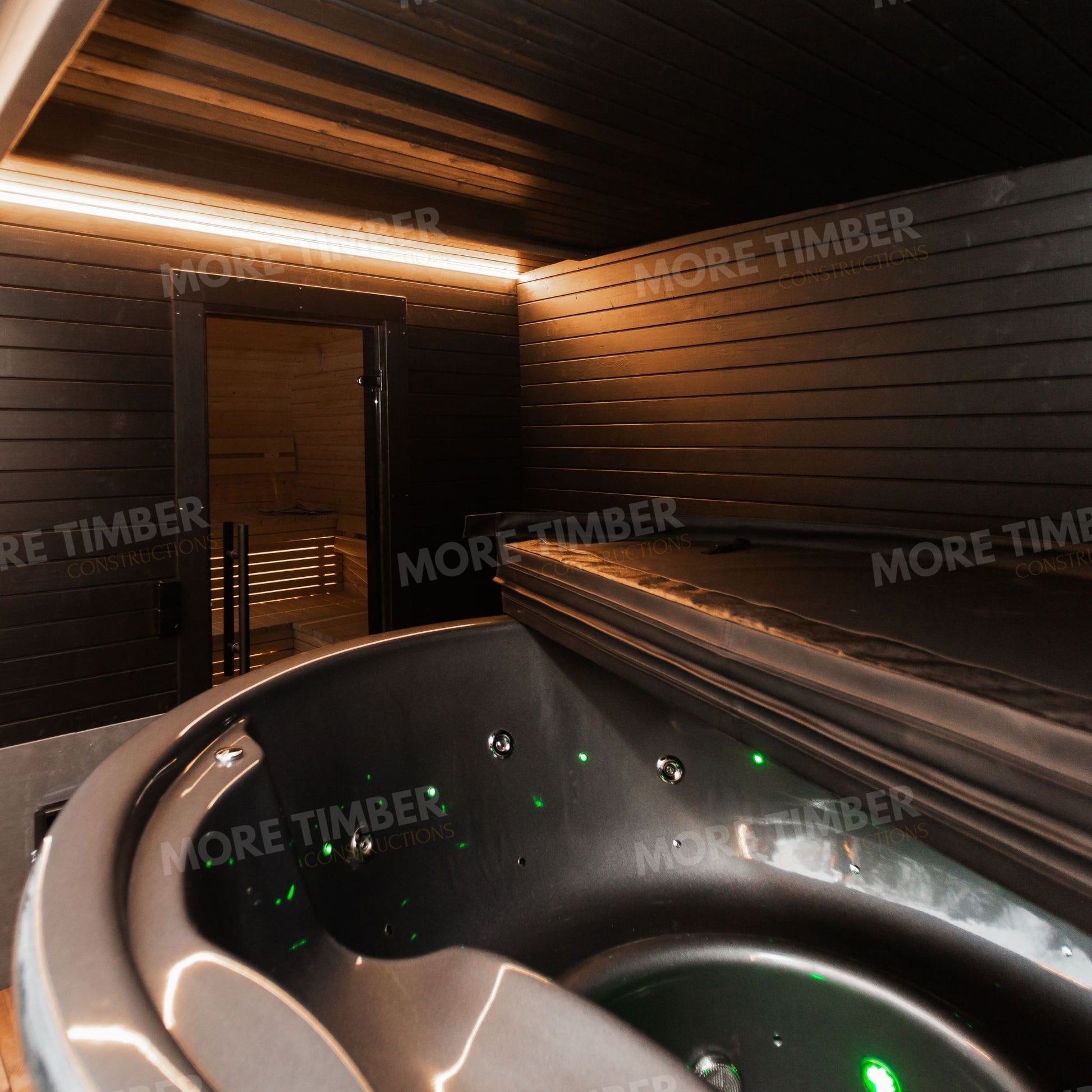 Cozy evening retreat with sauna light and warm bubbles