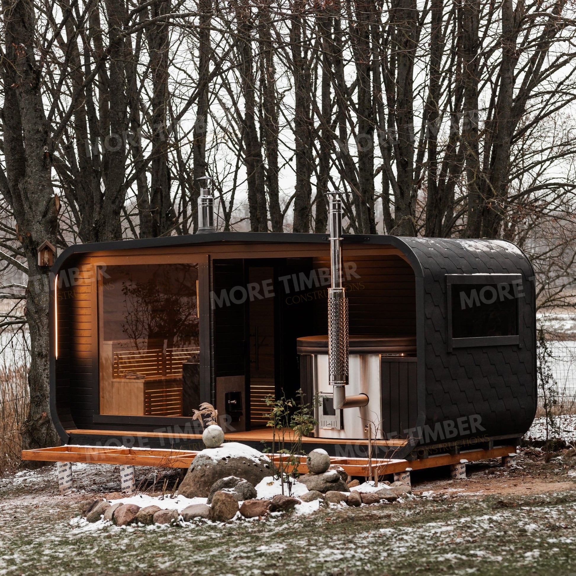 Cozy sauna and bubbling hot tub in a spa setting