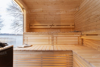 Peaceful night spa with sauna and illuminated hot tub