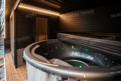 Rustic retreat with sauna warmth and steaming hot tub