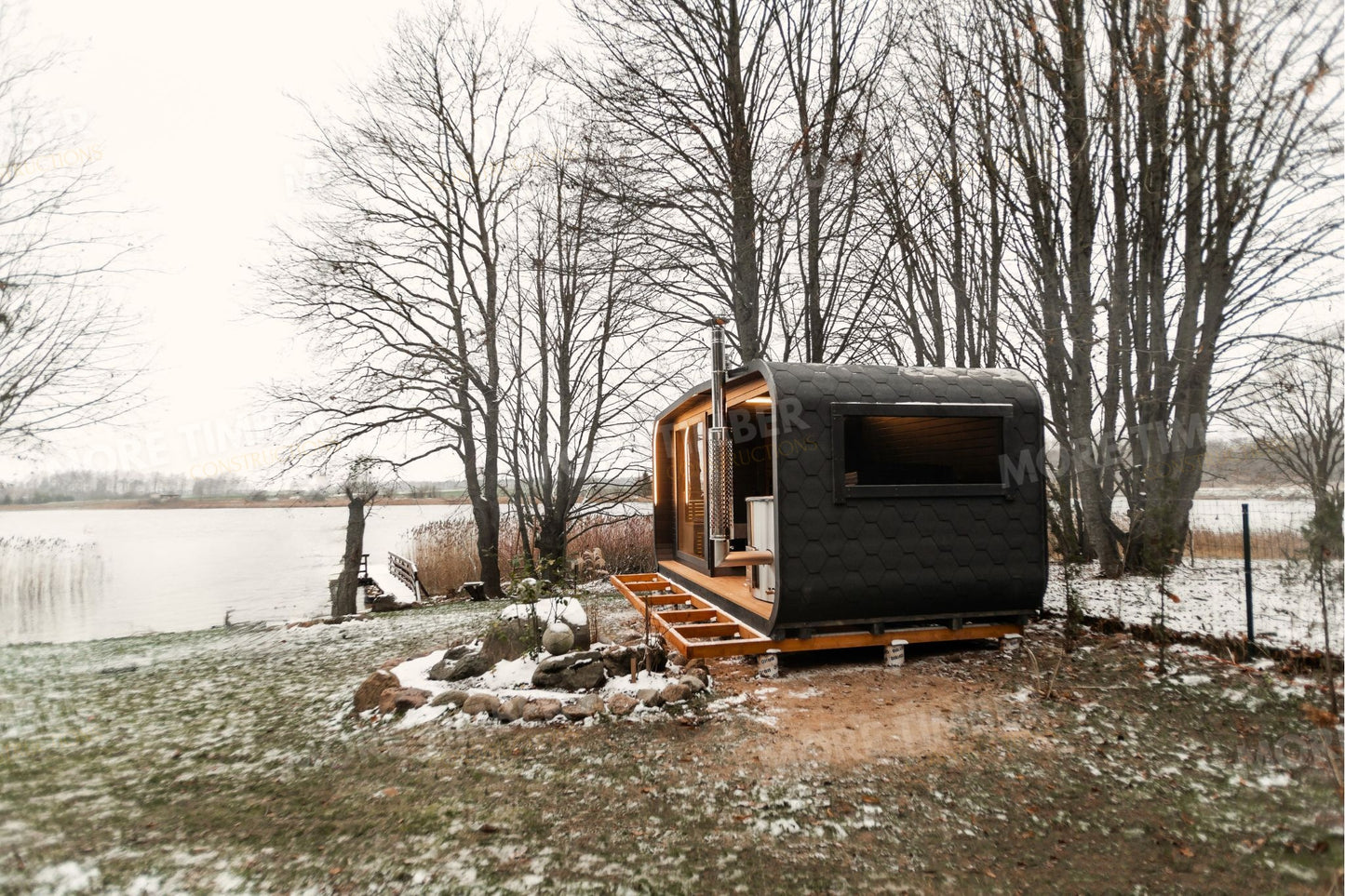 Sauna and hot tub glowing warmly on a cold evening