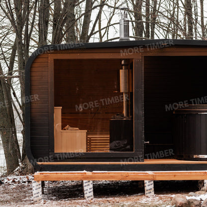 Scenic sauna and hot tub with mountain view