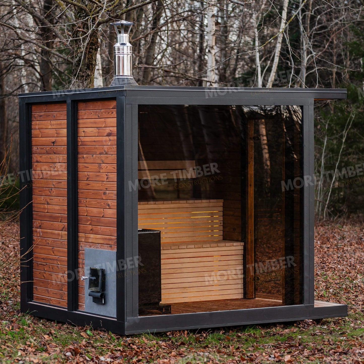 Modern wooden sauna interior with warm ambient lighting
