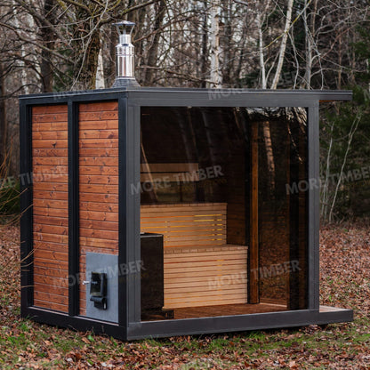 Modern wooden sauna interior with warm ambient lighting