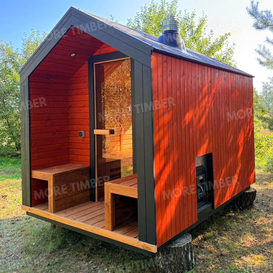 Wooden sauna with 'More Timber' branding, featuring wooden benches and a door.