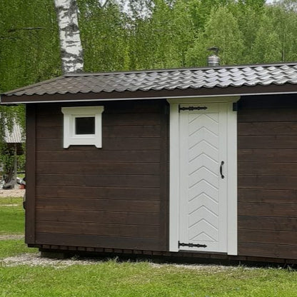 Outdoor bather sauna in classic style with durable wooden construction
