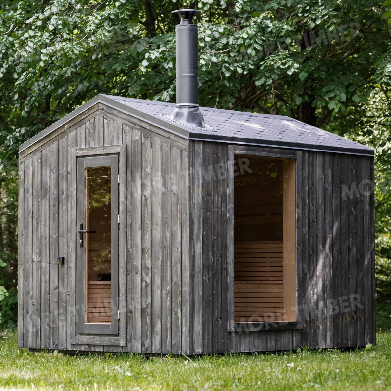 Modern wooden sauna interior with warm ambient lighting