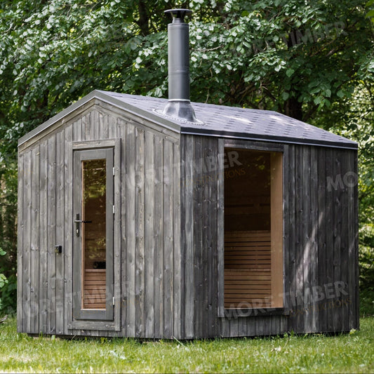 Modern wooden sauna interior with warm ambient lighting