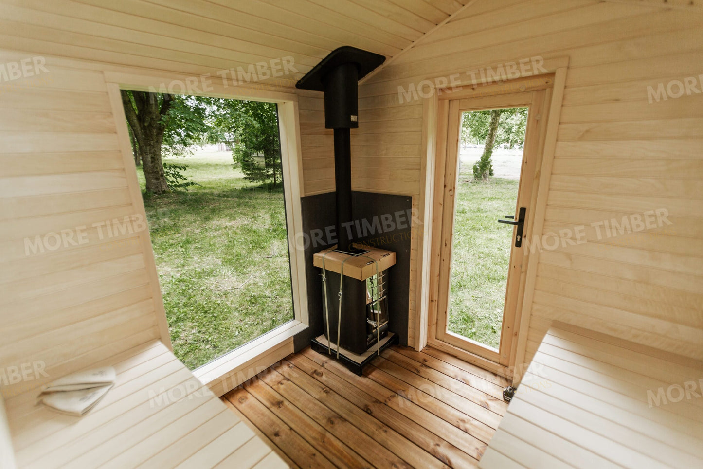 Stylish wellness retreat with traditional sauna setup