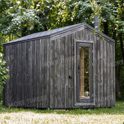 Stylish wellness retreat with traditional sauna setup