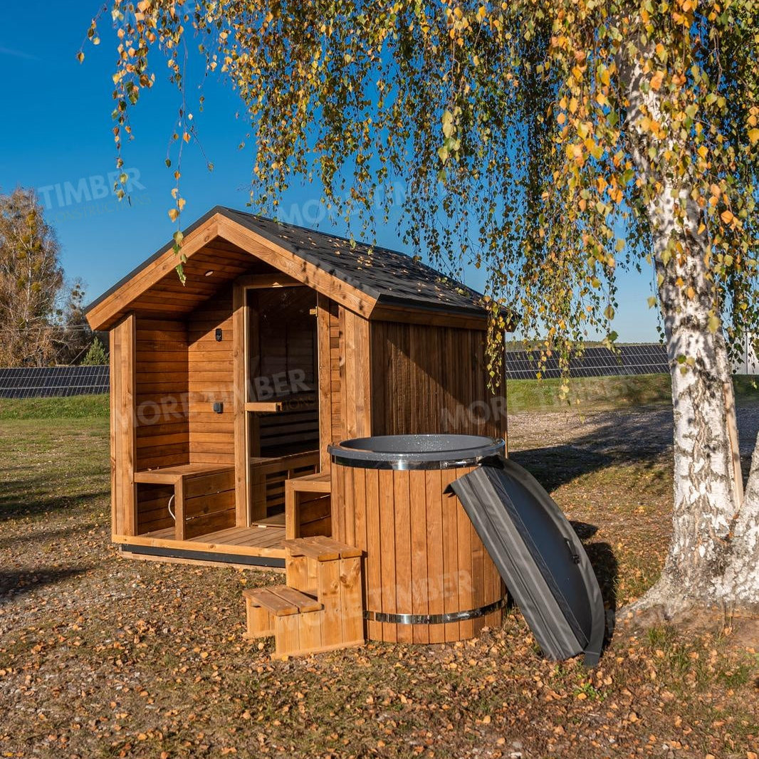 Wooden sauna with 'More Timber' branding, featuring wooden benches and a door.