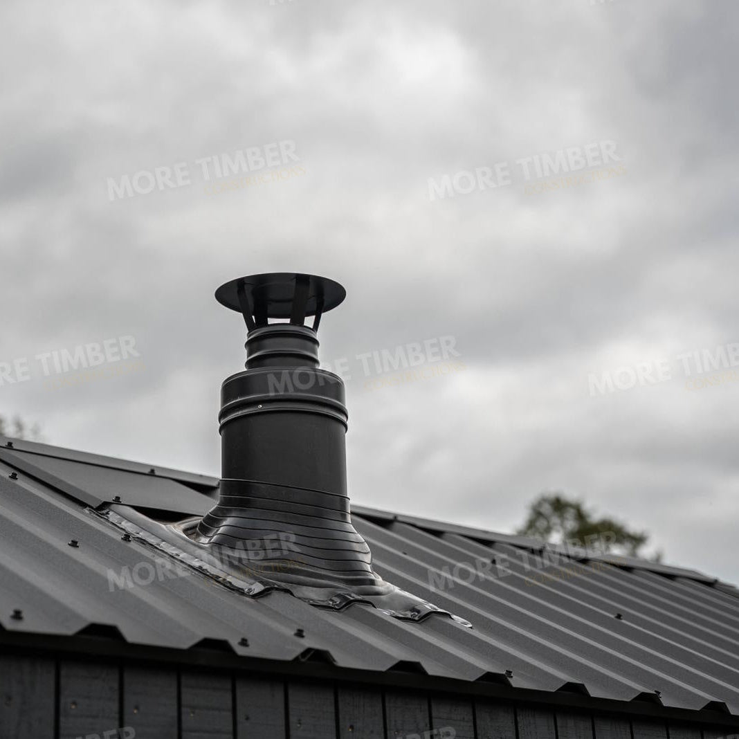 Wooden sauna with 'More Timber' branding, featuring wooden benches and a door.