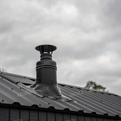 Wooden sauna with 'More Timber' branding, featuring wooden benches and a door.