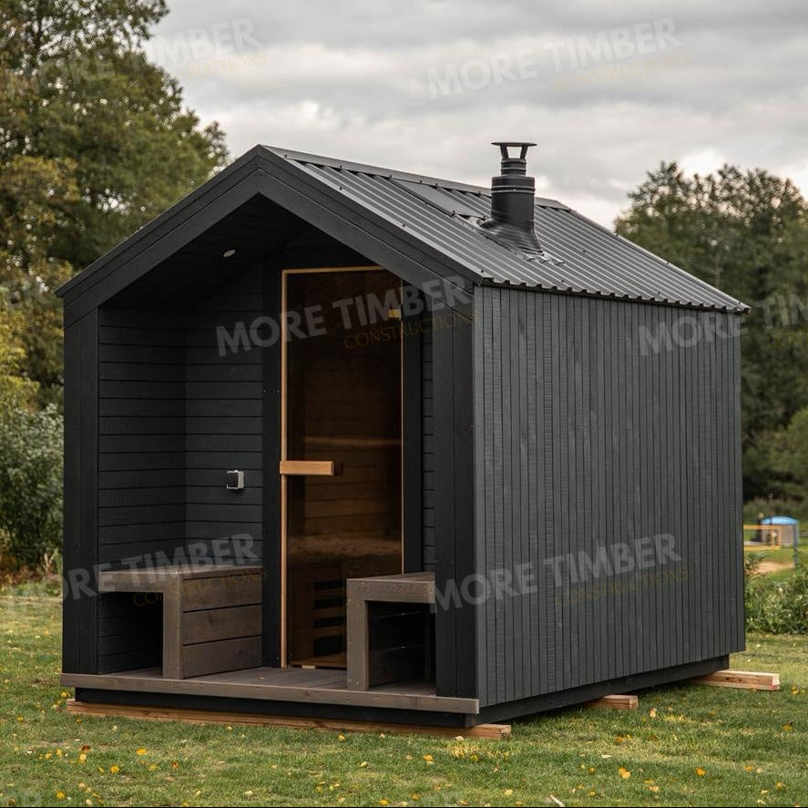 Wooden sauna with 'More Timber' branding, featuring wooden benches and a door.