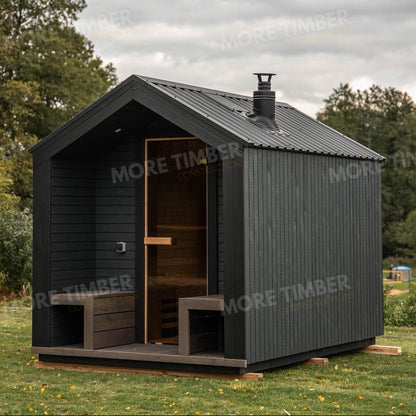 Wooden sauna with 'More Timber' branding, featuring wooden benches and a door.