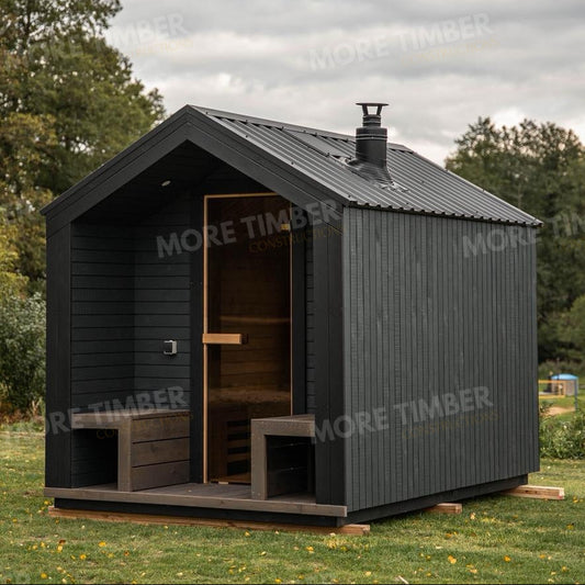 Wooden sauna with 'More Timber' branding, featuring wooden benches and a door.