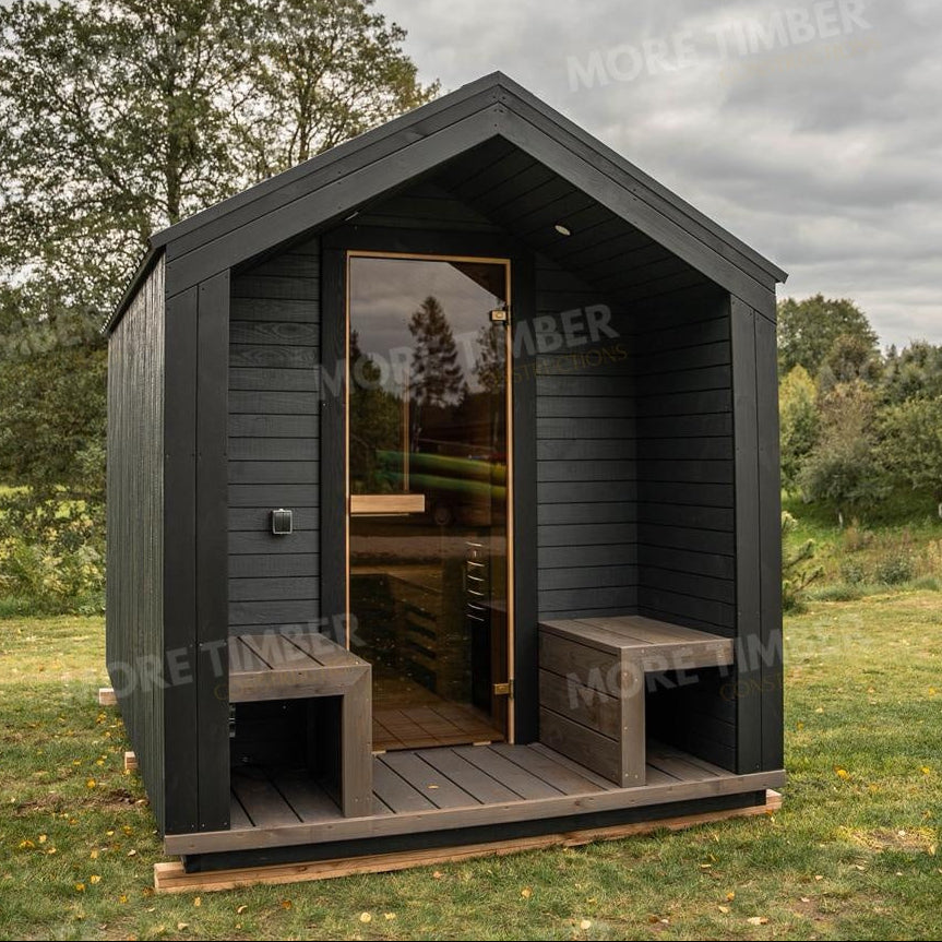 Wooden sauna with 'More Timber' branding, featuring wooden benches and a door.