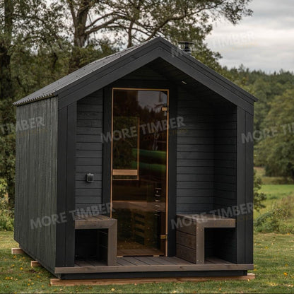 Wooden sauna with 'More Timber' branding, featuring wooden benches and a door.