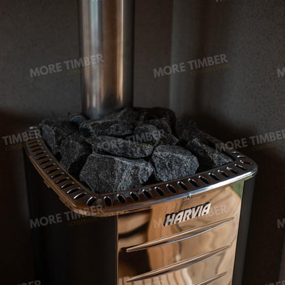 Wooden sauna with 'More Timber' branding, featuring wooden benches and a door.