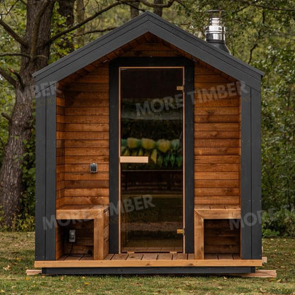 Wooden sauna with 'More Timber' branding, featuring wooden benches and a door.