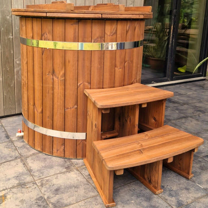 Handcrafted round cold plunge tub with Thermowood cladding