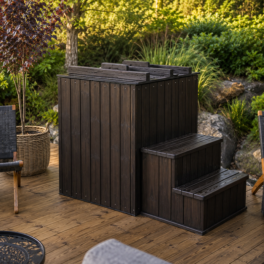 "moti" square cold water bath with thermowood finish.