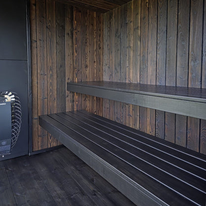 Spacious luxury sauna designed for outdoor wellness and relaxation