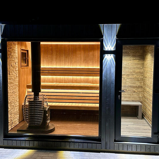 Modern outdoor sauna cabin for luxury wellness in home or garden