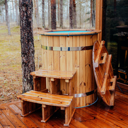 Round Ø80 cm cold plunge tub with Thermowood cladding for sauna cooling