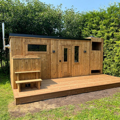 Compact 4 person sauna with Thermowood cladding for outdoor use