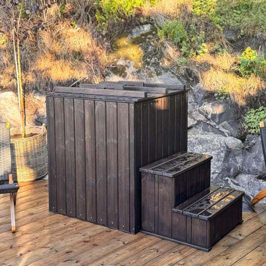 Square cold plunge tub with Thermowood finish for ice bath therapy