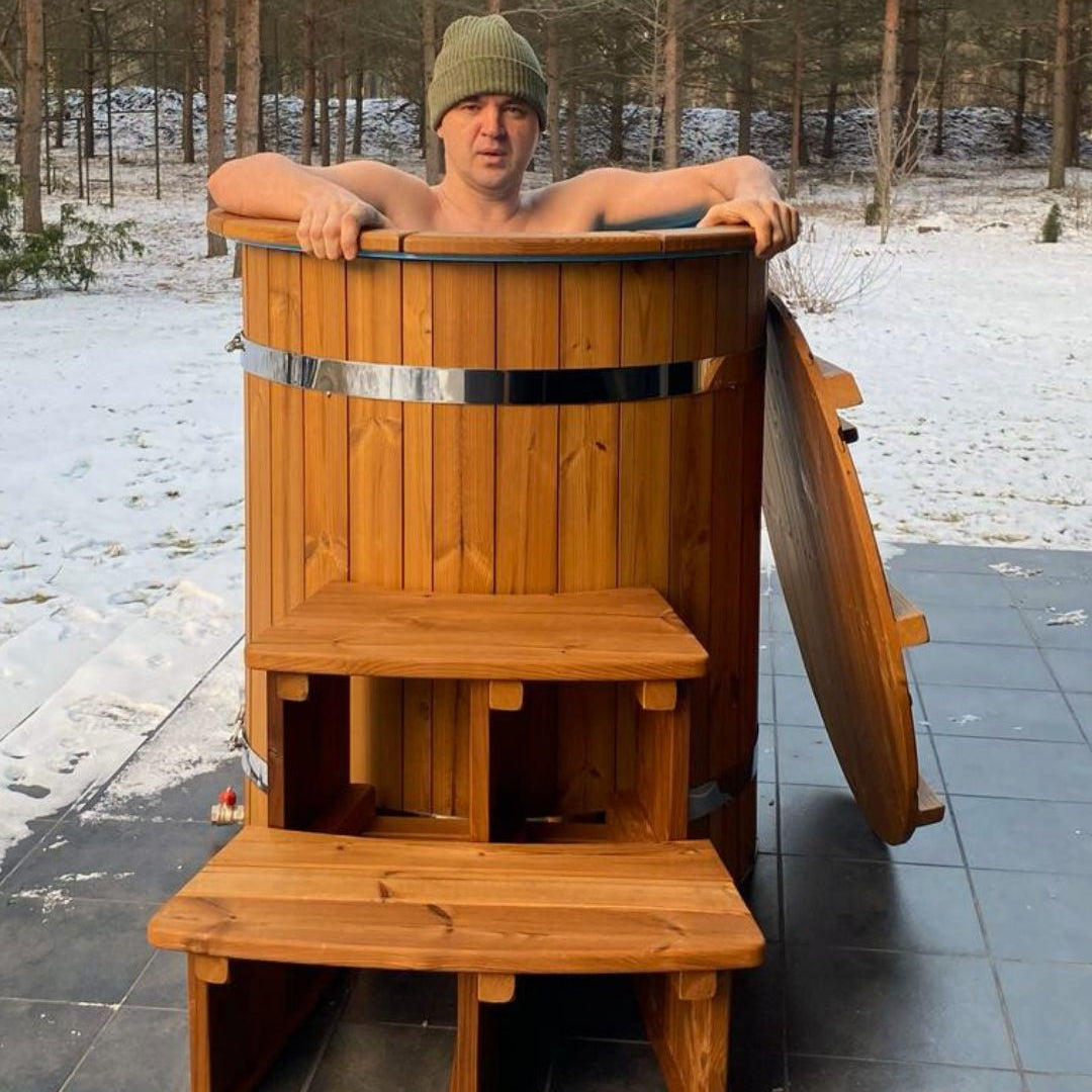 Outdoor cold plunge tub with Thermowood finish for therapy and recovery