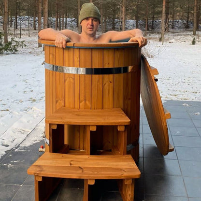 Outdoor cold plunge tub with Thermowood finish for therapy and recovery