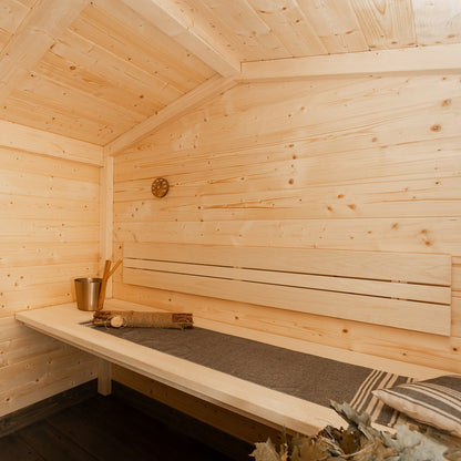 Traditional wooden sauna with benches, ideal for gardens and home use