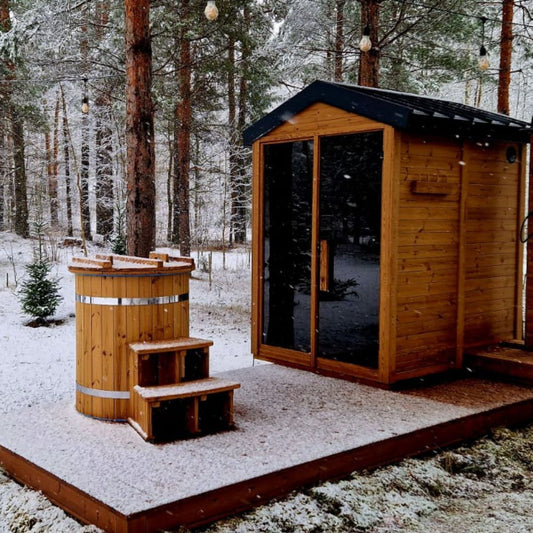 SET Handcrafted Thermowood "moti" DIY sauna 26+ "moti" round cold plunge tub / bath for cold water therapy / icebath Ø80cm.