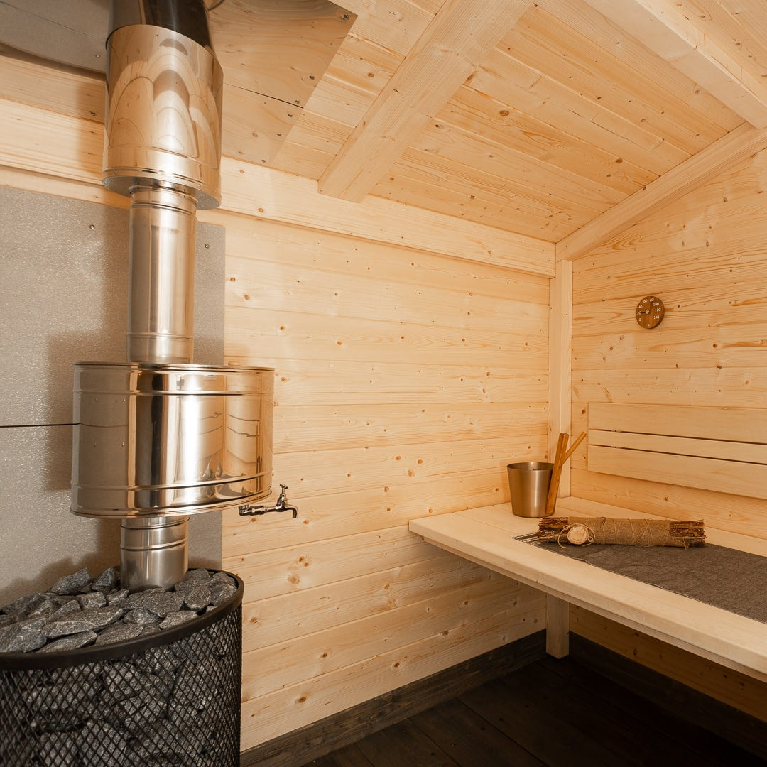 Traditional wooden sauna with benches, ideal for gardens and home use