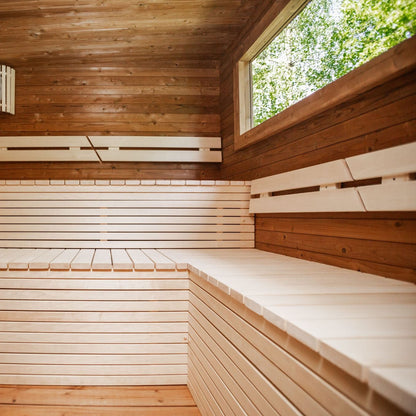 Exterior view of pre-room door on a 4-meter thermowood sauna