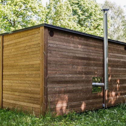 Durable terrace board flooring inside the handcrafted sauna