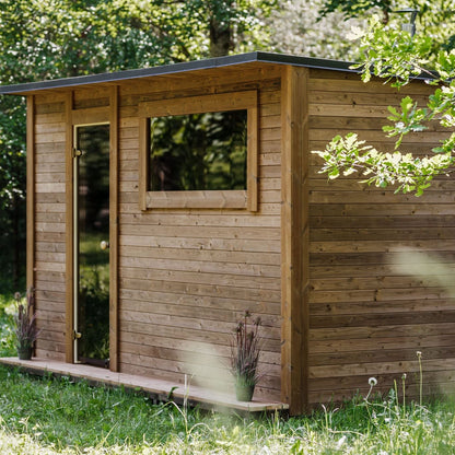 Close-up of tempered glass windows installed in outdoor sauna