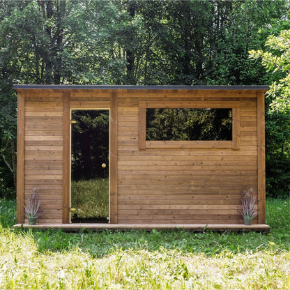 Interior overview of thermowood sauna with premium materials
